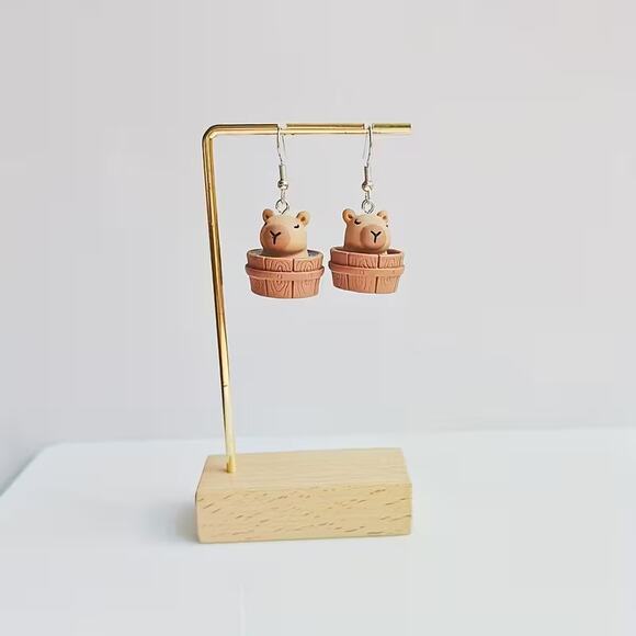 Handmade 3D Capybara Cute Bucket Bathing Earrings - Picture 3 of 3